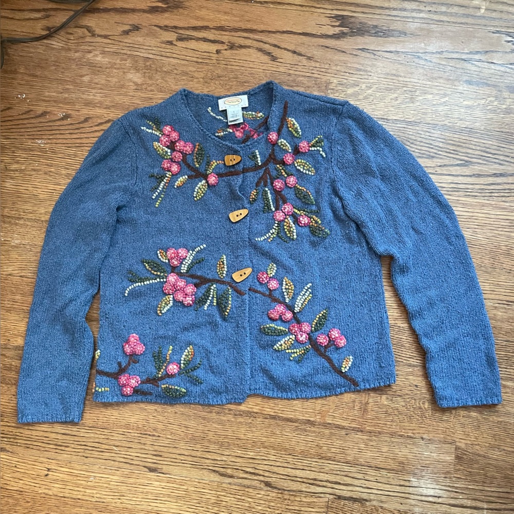 Talbots Blue Cardigan with Pink Floral Embroidery